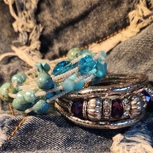 Silver and Purple Beaded Bracelet Set